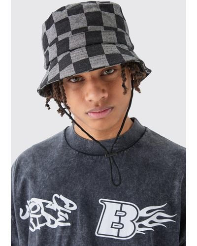 BoohooMAN Checkerboard Bucket Hat In Black - Gray