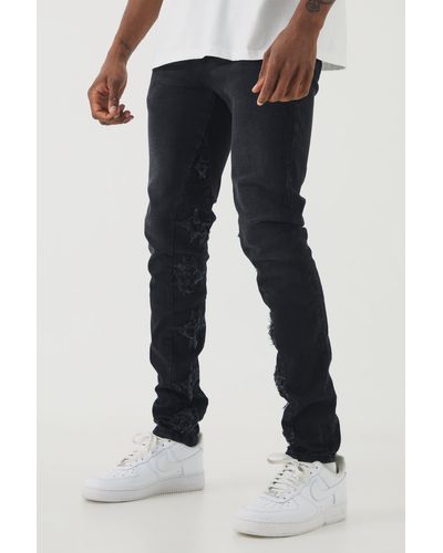 BoohooMAN Tall Skinny Stretch Applique Gusset Jeans - Blue