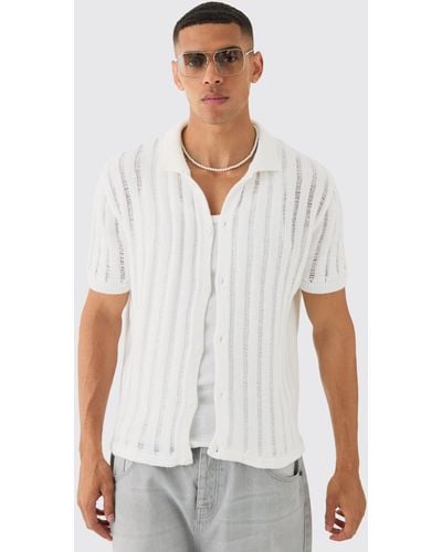 BoohooMAN Oversized Boxy Open Ladder Stitch Knitted Shirt In White