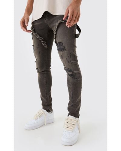 Boohoo Skinny Stretch Ripped Carpenter Jeans In Brown - Marrón
