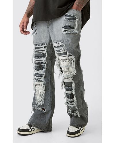 BoohooMAN Plus Slim Rigid Flare Rip & Repair Applique Jeans - Grey