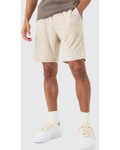 BoohooMAN Loose Fit Mid Towelling Shorts - Natural