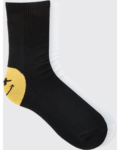 BoohooMAN 2 Pack Face Print Socks - Black