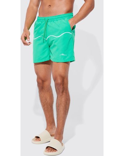 Boohoo Short Length Official Piping Swim Shorts - Green