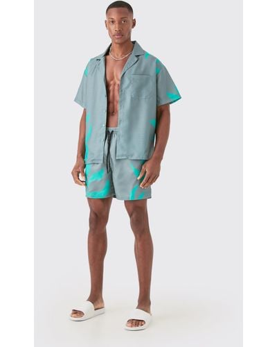 BoohooMAN Boxy Printed Shirt And Swim Short Set - Blau