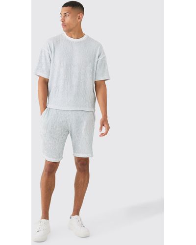 BoohooMAN Two Tone Boxy Ripple Pleated T-shirt And Short - White