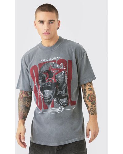 BoohooMAN Oversized Extended Neck Ofcl Skull Wash T-shirt - Grey