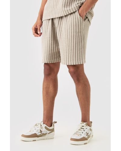 BoohooMAN Relaxed Fit Mid Length Striped Textured Short - Natural
