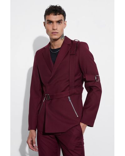 BoohooMAN Skinny Fit Suit Blazer With Strap Detail - Red