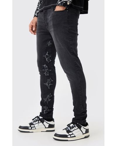 Boohoo Skinny Stretch Applique Gusset Jeans In Washed Black