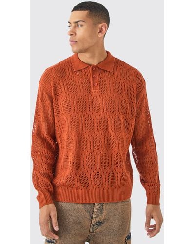 BoohooMAN Oversized Long Sleeve Crochet Polo In Rust - Orange