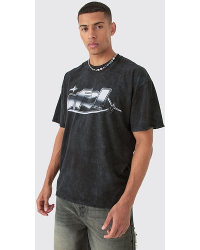 BoohooMAN Tall Distressed Oversized Acid Wash Metallic Graphic T-shirt - Black