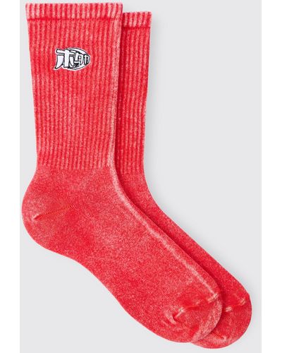 BoohooMAN Acid Wash Man Embroidered Socks In Red - Rot