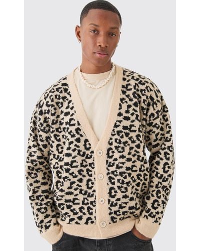 BoohooMAN Boxy Oversized Leopard All Over Jacquard Cardigan - Natural