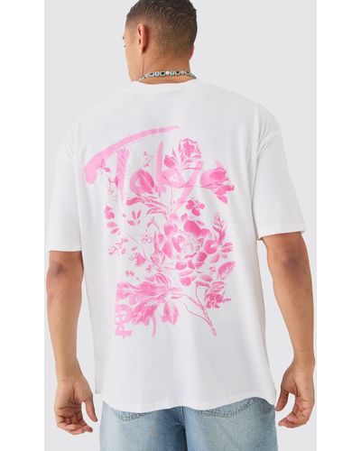 BoohooMAN Oversized Tokyo Extended Neck Floral Print T-shirt - Weiß