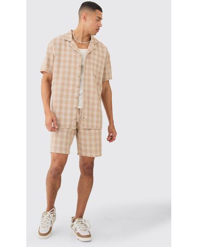 BoohooMAN Oversized Textured Contrast Check Shirt And Short - Natur