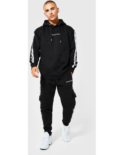 BoohooMAN Official Man Tape Cargo Hooded Tracksuit - Black