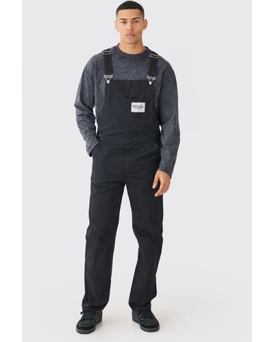 BoohooMAN Washed Twill Official Relaxed Fit Twill Dungarees - Blue