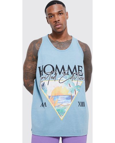 BoohooMAN Oversized Acid Wash Homme Graphic Vest - Blue