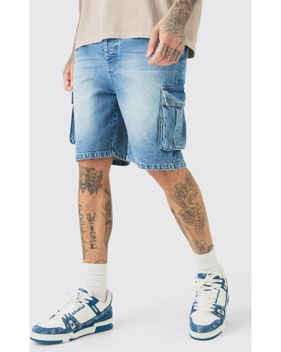 BoohooMAN Tall Rigid Denim Relaxed Fit Cargo Shorts In Mid Wash - Blue