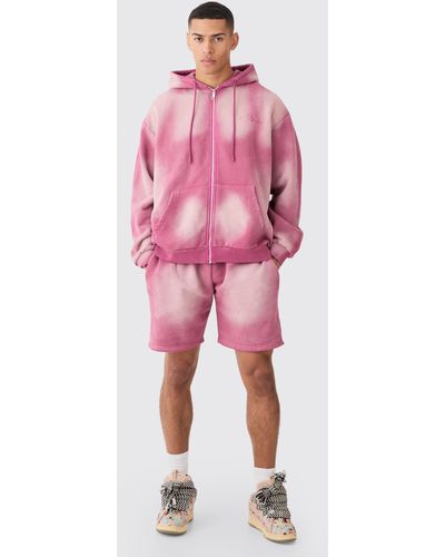 BoohooMAN Man Oversized Sun Bleach Zip Through Hooded Short Tracksuit - Pink