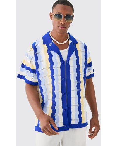 BoohooMAN Oversized Boxy Revere Open Knit Stripe Shirt In Blue
