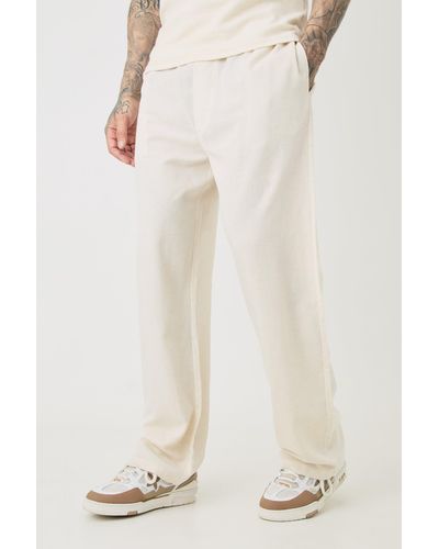 BoohooMAN Tall Elasticated Waist Relaxed Linen Trousers In Natural - White