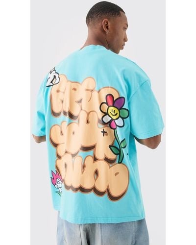 BoohooMAN Oversized Flower Puff Print Distressed T-shirt - Blau