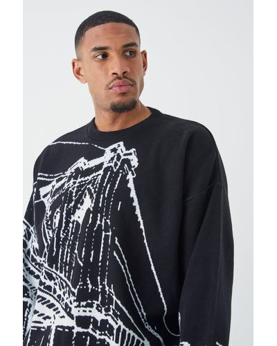 BoohooMAN Tall Oversized Drop Shoulder Line Graphic Sweater - Black