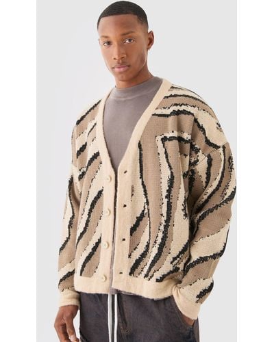 BoohooMAN Boxy Oversized Brushed Abstract All Over Jacquard Cardigan - Natur