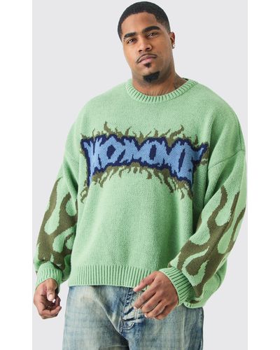 BoohooMAN Plus Oversized Knitted Homme Drop Shoulder Jumper In Green