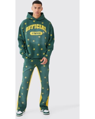 BoohooMAN Oversized Drop Shoulder Washed Star Offcl Hooded Tracksuit - Green