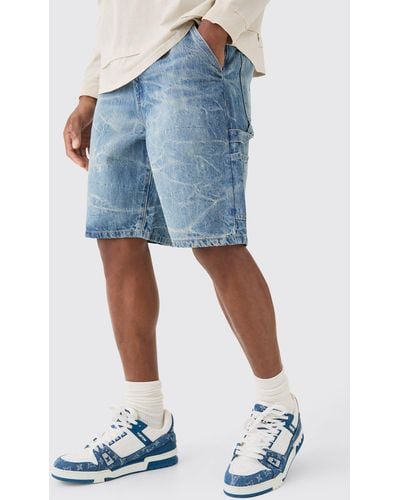 BoohooMAN Relaxed Rigid Carpenter Crinkle Denim Shorts In Antique Blue