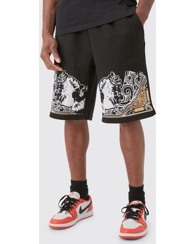 BoohooMAN Relaxed Long Length Large Graphic Shorts - Black