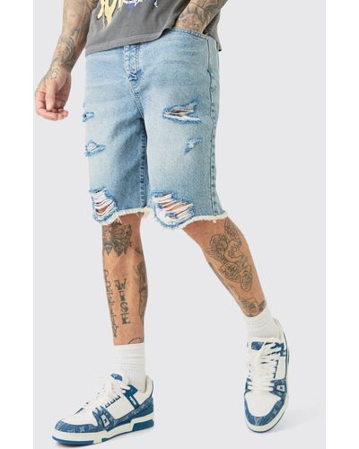 BoohooMAN Tall Multi Rip Relaxed Fit Denim Shorts In Light Wash - Blue