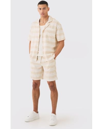 BoohooMAN Oversized Short Sleeve Open Weave Shirt & Short Set - Natural