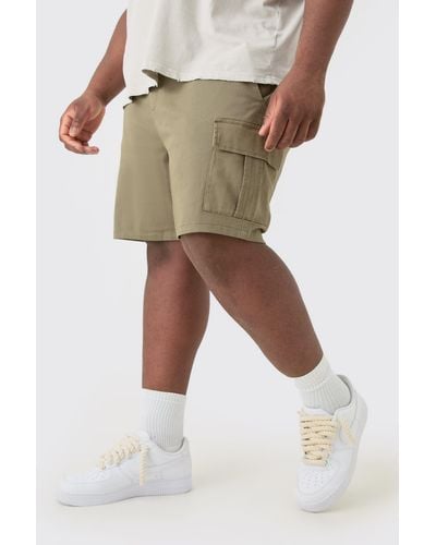 BoohooMAN Plus Elastic Waist Khaki Slim Fit Cargo Shorts - Natural