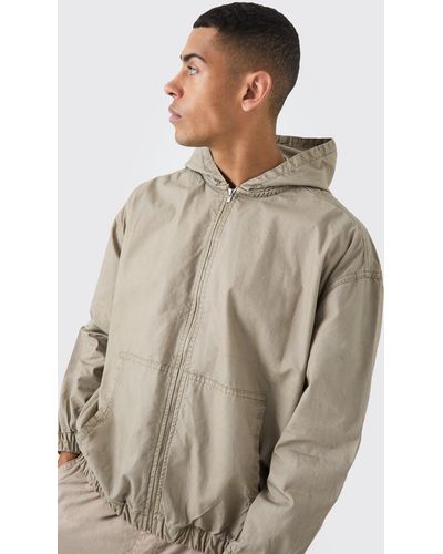 BoohooMAN Branded Plaque Detail Twill Hooded Overshirt - Natural