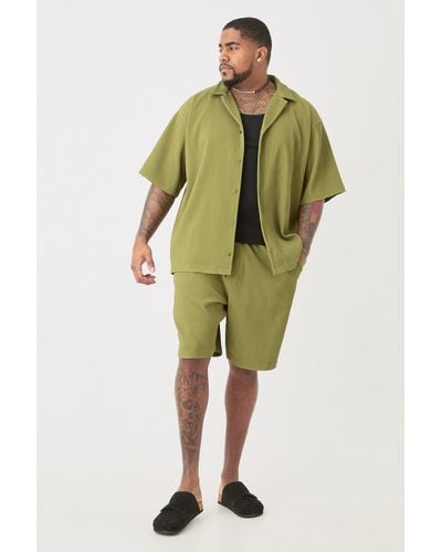 BoohooMAN Plus Drop Revere Pleated Shirt & Short Set In Khaki - Green
