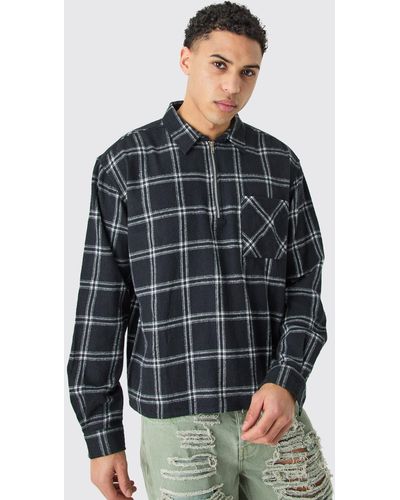 BoohooMAN Quarter Zip Brushed Flannel Shirt - Grey