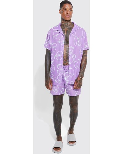 BoohooMAN Short Sleeve Oversized Poly Branded Shirt And Swim Set - Purple