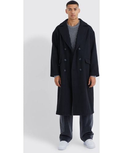 BoohooMAN Wool Look Double Breasted Textured Overcoat - Blue