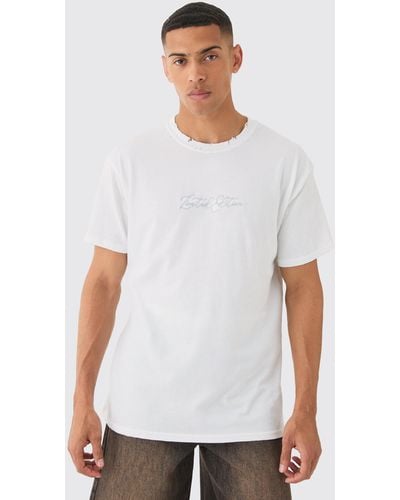 Boohoo Oversized Distressed Neck Embroidered T-shirt - White