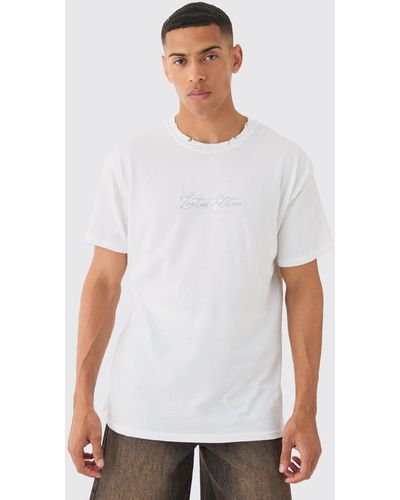 BoohooMAN Oversized Distressed Embroidered T-shirt - White
