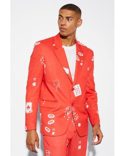 BoohooMAN Oversized Boxy Card Print Suit Jacket - Red