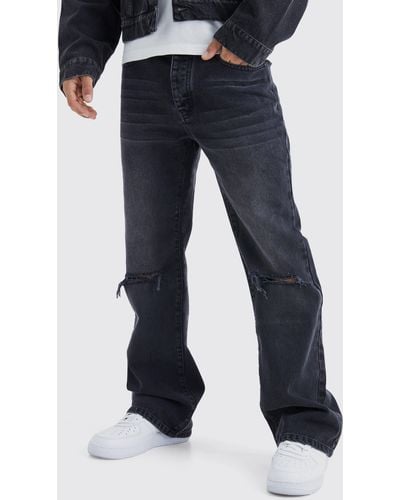 BoohooMAN Relaxed Rigid Flare Jean With Knee Rips - Blue