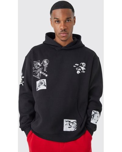 BoohooMAN Oversized Multi Placement Graphic Hoodie - Black
