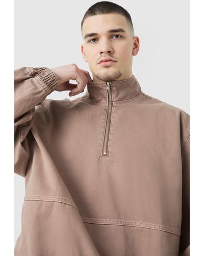 BoohooMAN Tall Overdyed Oversized Funnel Neck 1/4 Zip Jacket - Brown