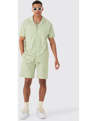 BoohooMAN Oversized Revere Geo Jacquard Shirt & Short Set - Green