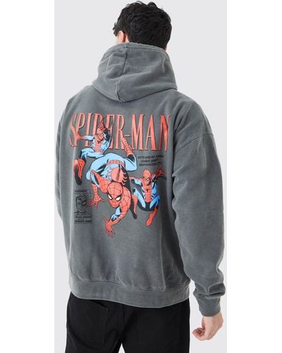 BoohooMAN Oversized Spiderman Marvel Wash License Hoodie - Gray